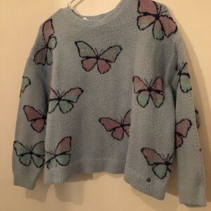 Justice Light Blue Butterfly Crewneck Sweater with Pink & Mint Accents